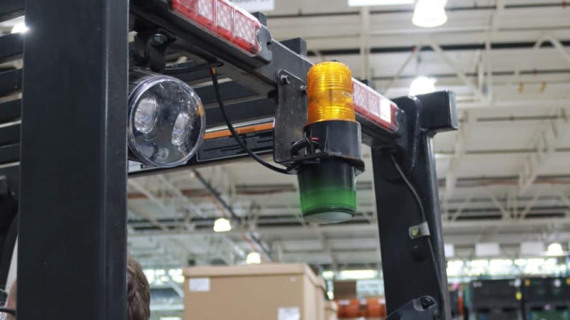 Image of an amber strobe light fitted on a forklift