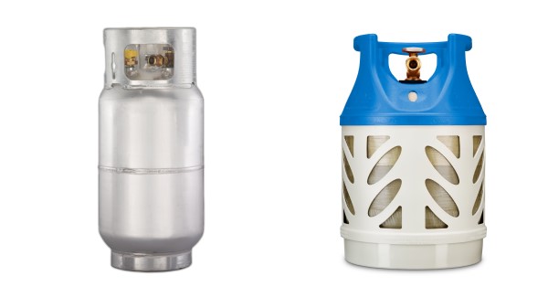 An image of a steel propane tank and a fiberglass propane tank