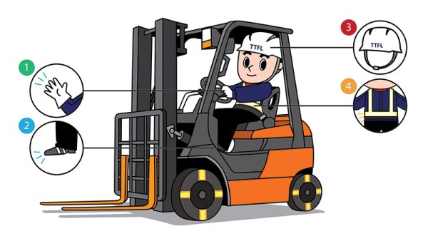 An image showing all the necessary PPE while driving a forklift